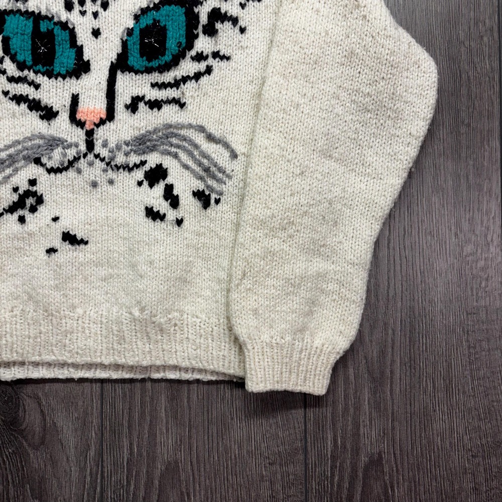 Vintage Cat 1990s Hand Knit Sweater Small White Cute Animal Nature Crochet Baggy - Picture 3 of 8